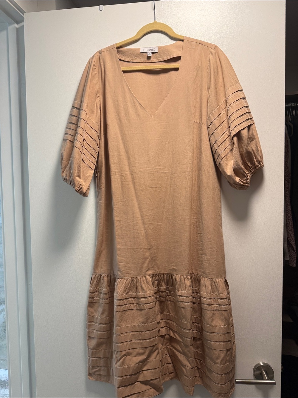 INTERMIX Tan V-Neck Tiered Pintuck Midi Dress